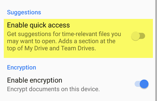 hide quick access google drive