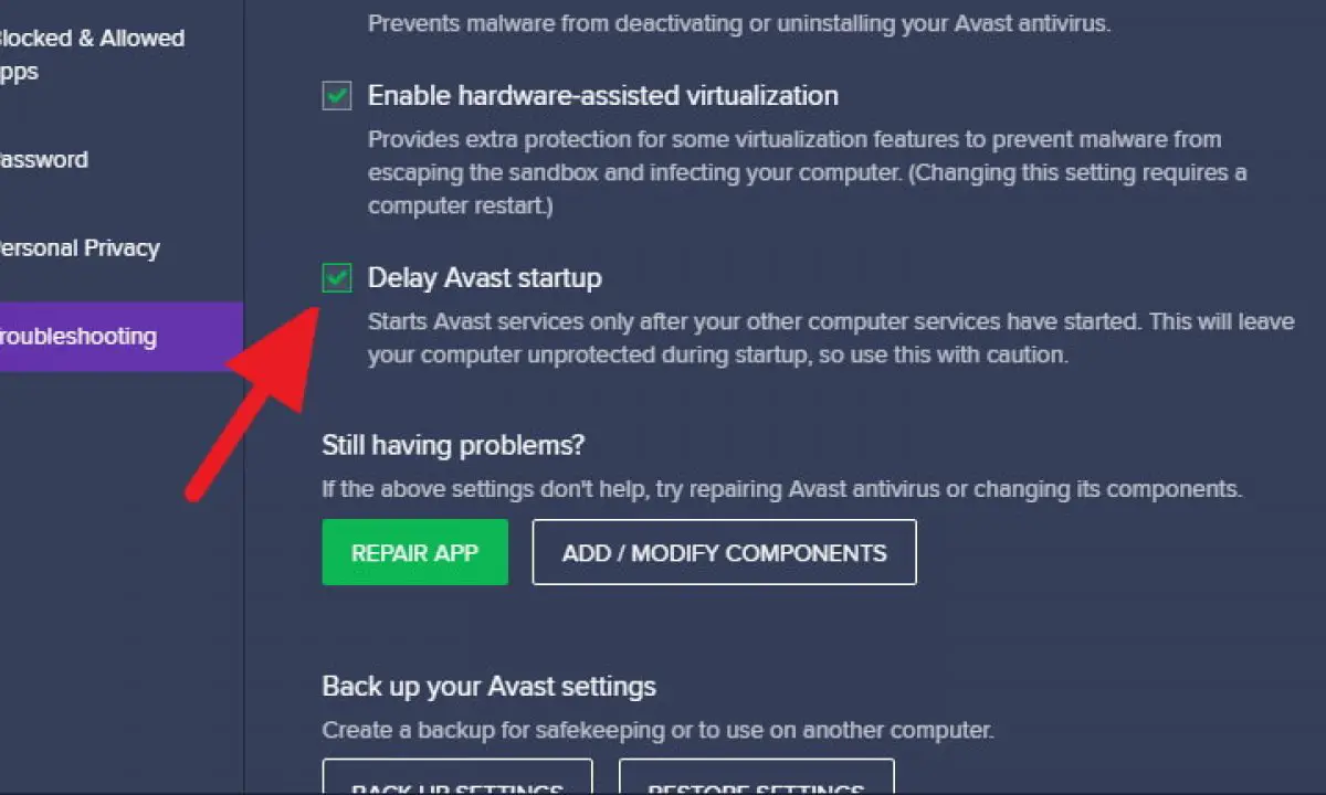 if i disable add ons avast antivirus software