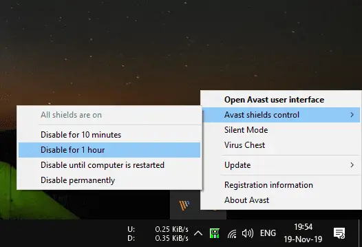 disable avast for 10 minutes on mac