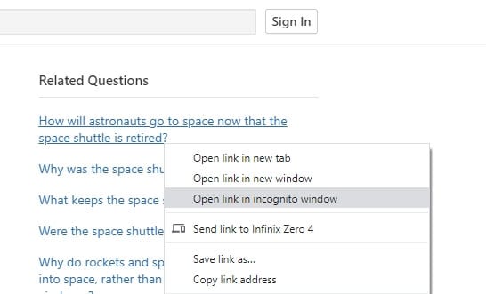 Open link in incognito window - How to Open Quora's Page Without Login/Register 5