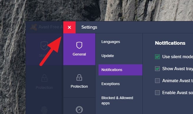 close avast 1 - How to Disable Avast Notifications, Messages, & Alerts 15