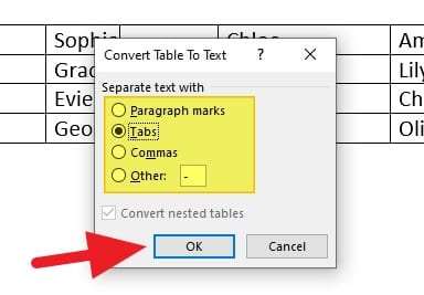 convert text to table word 2016