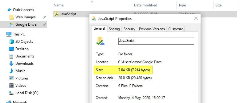 Google drive how to see folder size