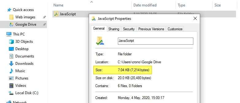 folder size in google drive