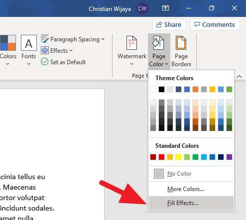 word fill microsoft change background effects select