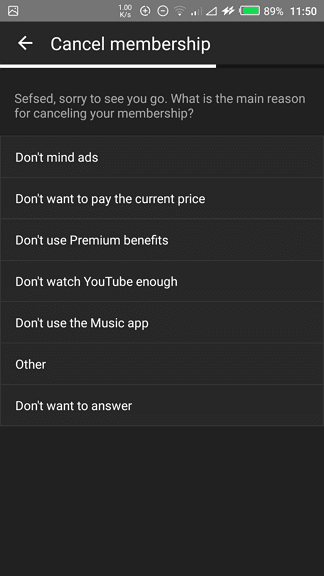 Select reason - How to Cancel Youtube Premium Plan from Android 15