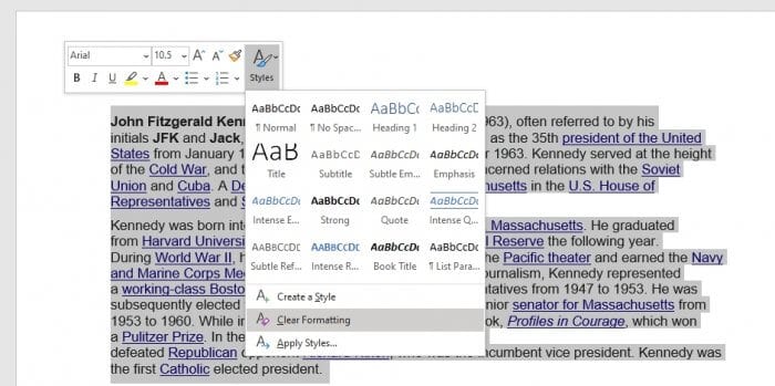 how to clear text formatting in word