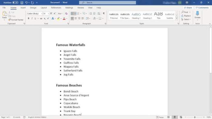 how to make a bullet list in word