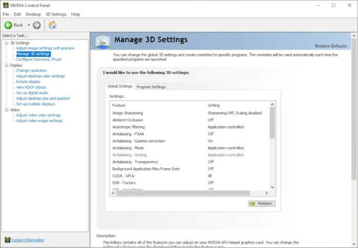 how to use nvidia manage 3d settings