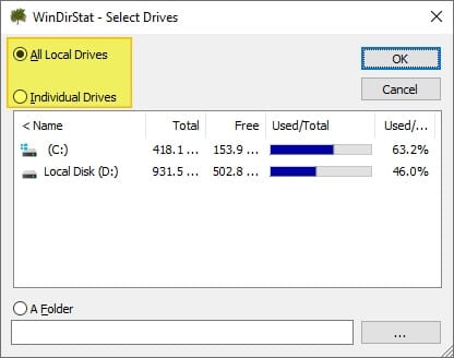 WinDirStat select drives - How to Quickly Find The Largest Files on Windows 10 19