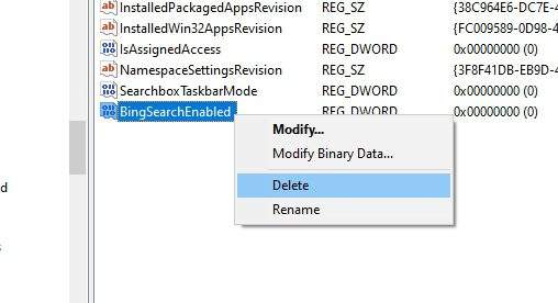 delete bingsearchenabled - How to Disable Bing 'Search the Web' on Windows 10 Search 19