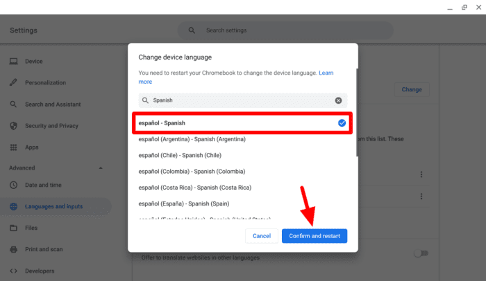 confirm and restart - How to Change Language Interface on Your Chromebook 13