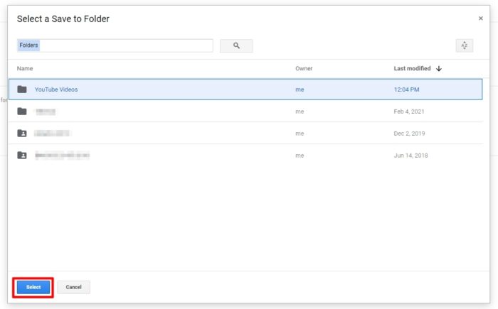 select folder - How to Save a YouTube Video Directly to Google Drive 15