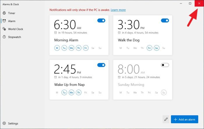 close the alarm - How to Use Alarms in Windows 10 and Make Sure It Will Ring 17