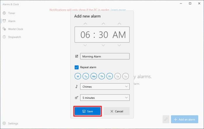 save 4 - How to Use Alarms in Windows 10 and Make Sure It Will Ring 13
