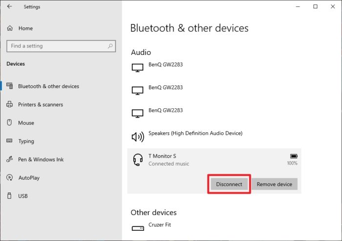 disconnect - How to Pair Bluetooth Headphones on Windows 10 19