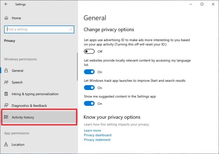 activity history - How to Clear Your Activities from Windows 10 Timeline 9