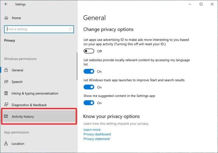 activity history - How to Clear Your Activities from Windows 10 Timeline 9