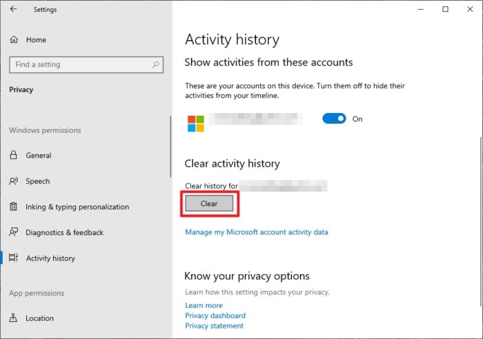 clear 1 - How to Clear Your Activities from Windows 10 Timeline 11