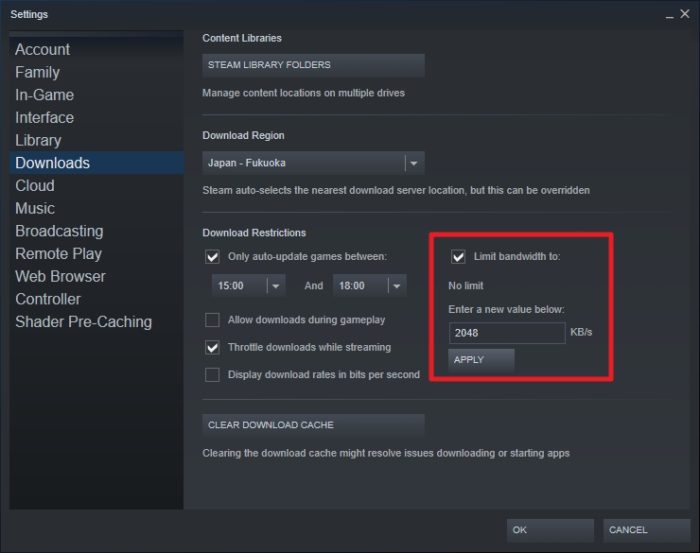 bandwidth limit - 3 Ways to Stop Steam Games from Updating 43