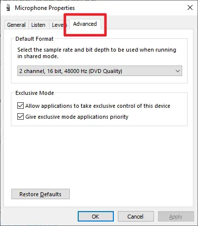 advanced menu - Windows 10 Microphone Level Keeps Changing (FIXED) 15