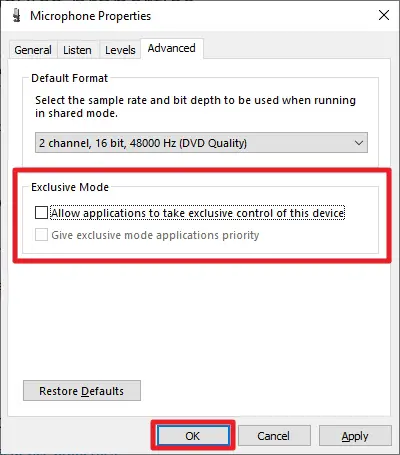 exclusive mode - Windows 10 Microphone Level Keeps Changing (FIXED) 17