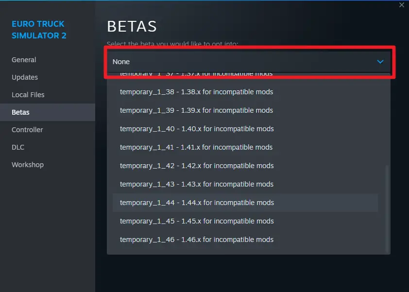 select beta - How to Downgrade Euro Truck Simulator 2 Version on Steam 11